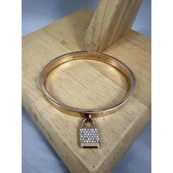 Michael Kors One Size Rose Gold-Tone Bangle Pavé Lock Charm Hinged Chic Modern - Picture 4 of 8